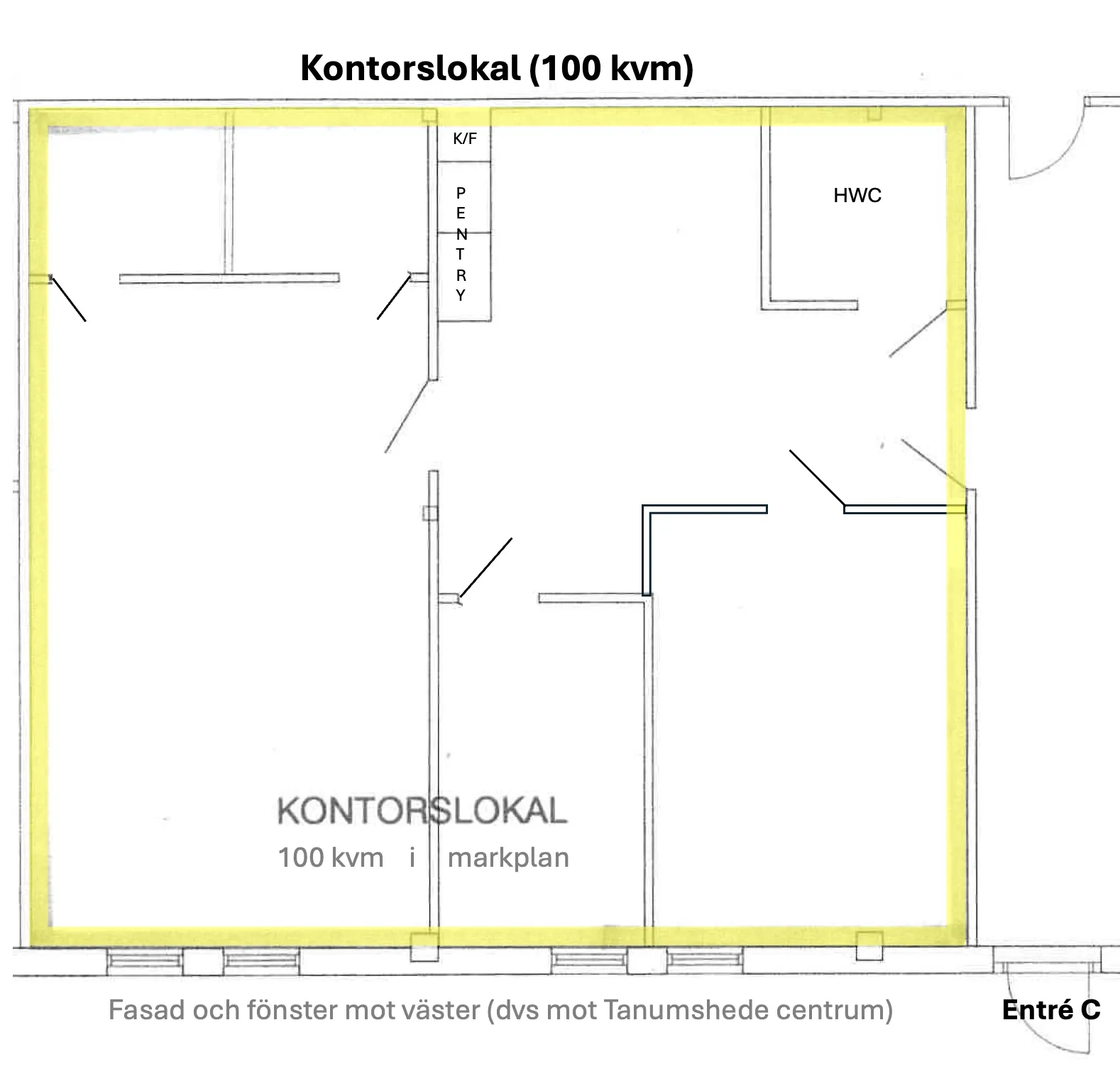Planritning över kontorslokalen på 100 kvm i markplan vid Entré C